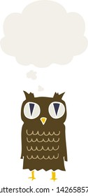 búho de dibujos animados con burbuja de pensamiento en estilo retro