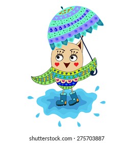 Cartoon owl with umbrella and rubber boots