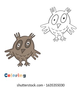 Cartoon owl. Vector illustration in the form of coloring and color example.