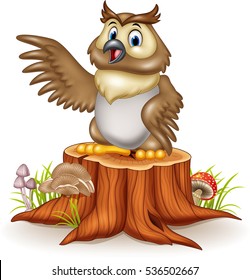 Cartoon owl waving his wings standing on the tree stump