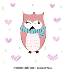Cartoon owl wearing a blue scarf Heart shaped background