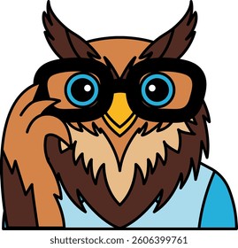 A cartoon owl wearing glasses and a blue shirt. The owl is looking to the left and has a funny expression on its face