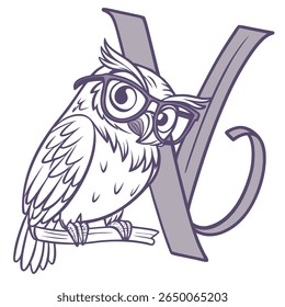 A cartoon owl wearing glasses is perched on a branch next to a letter V.