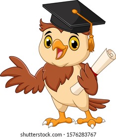 Cartoon owl wearing graduation cap holding diploma