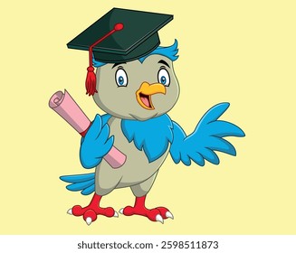 Cartoon owl wearing graduation cap holding diploma vector illustration