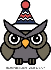 A cartoon owl wearing a hat and a red and blue ribbon. The owl is smiling and looking at the camera