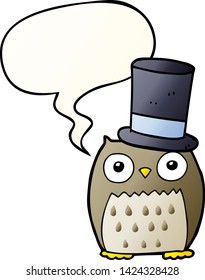 cartoon owl wearing top hat with speech bubble in smooth gradient style