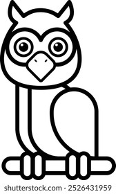 A cartoon owl with white and black feathers sits on a branch. The owl has a big, curious look on its face