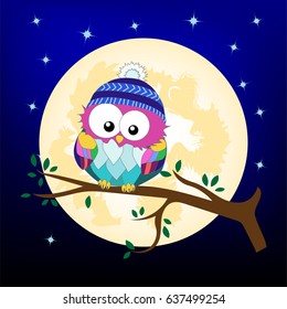 cartoon owl in the winter hat at night sitting on the tree branch with stars and moon on the background