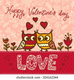 Cartoon owls birds pattern background. Valentines Day design.