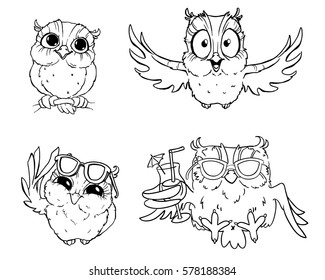 Cartoon owls. black-and-white owls hand-drawn contour on a white background for children coloring. For adult anti stress coloring book.