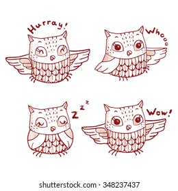 Cartoon owls emotions set. Vector isolated cute bird line art.