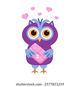 Cartoon owls with a gift and hearts. Cute bright owl. Design of a postcard, invitation for Valentine's Day, birthday, wedding.