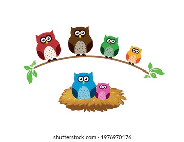 Cartoon Owls icons, owl vector art,  bright owls with different color and different emotions