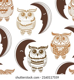 Cartoon-Eule und Mond. Nahtlose Vektorgrafik auf Weiß. Animal Art Hintergrund. Perfekt für Design-Vorlagen, Tapeten, Umhüllung, Gewebe und Textilien. Perfekt für Kindergarten.