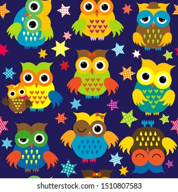 Cartoon owls in the nighttime colorful seamless pattern
