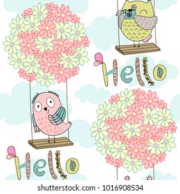 Cartoon owls on a flower swing in the clouds. Seamless pattern.