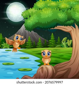Cartoon owls on tree at night landscape