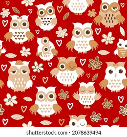 Cartoon owls over red background. Seamless pattern with owls and flowers