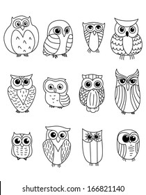 Cartoon owls and owlets birds isolated on white background