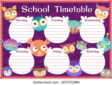 Cartoon owls and owlets funny birds, kids education timetable schedule, vector. School weekly planner or lessons timetable schedule with cute baby owls and owlets with big eyes