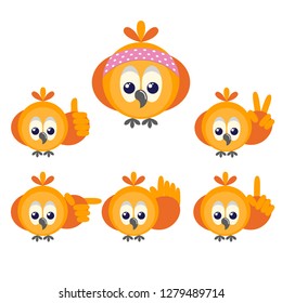 Cartoon owls show various gestures. Vector illustration
