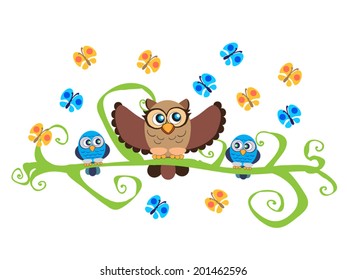 Cartoon owls sitting on a ornamented branch and butterflies flying around. Summer background. Childish illustration, vector, isolated.