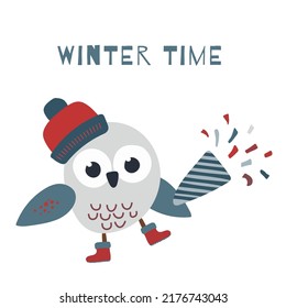Cartoon owls wearing Santa hats and Christmas tree with snow New Year postcard design in vector. Festive paint with cute birds and xmas holiday elements