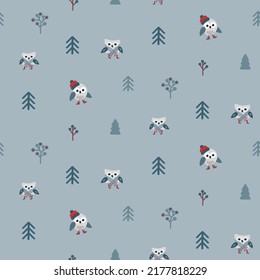 Cartoon owls wearing Santa hats and Christmas tree New Year seamless pattern. Festive paint with cute birds and xmas holiday elements