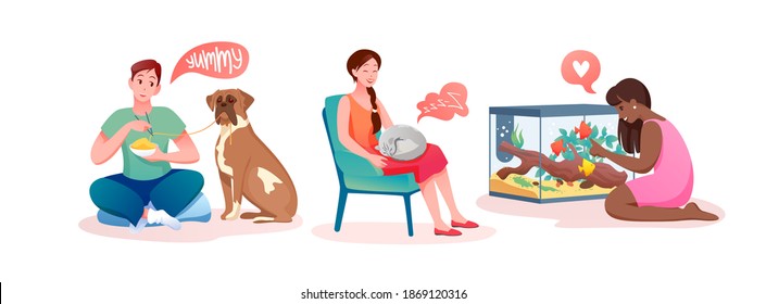 Cartoon owner characters feeding, hugging and communicating with dog, cat, parrot and fishes, best pet friends isolated on white. People love and communicate with own animal pet vector illustration.