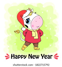 Cartoon ox - Chinese zodiac symbol 2021. Happy new year  card with cute bull. Vector illustration