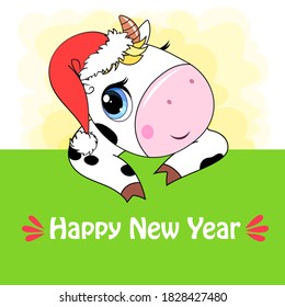 Cartoon ox - Chinese zodiac symbol 2021. Happy new year  card with cute bull. Vector illustration