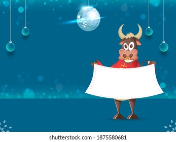 Cartoon Ox Holding Empty Paper Given Space For Message With 3D Disco Ball And Baubles Hang On Blue Background.