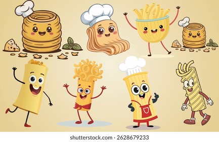 Cartoon paccheri Italian pasta cheerful character, Pasta noodles character design illustration.