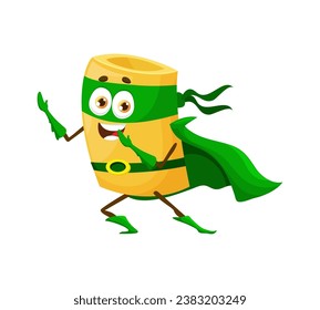 Cartoon paccheri Italian pasta food superhero character. Isolated vector funny noodle guardian personage with cute face for kids menu. Super hero wear defender green mask and cape use superpower