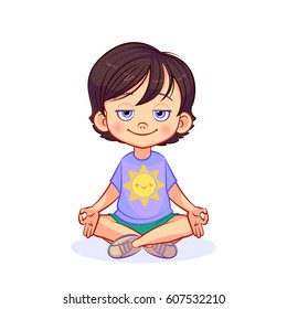 Cartoon pacified boy sits on the floor in a lotus position, crossing his legs and folding his fingers in a yoga gesture. Kids yoga vector illustration.