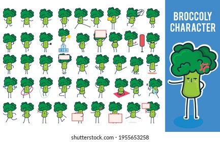 A cartoon pack of broccoli character design or book mascot, perfect for logo, web and print illustration. broccoli vector character set isolated on white