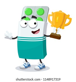 cartoon package box with pills mascot holds the number one cup on white background