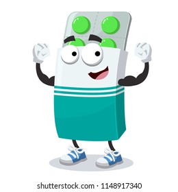 cartoon package box with pills mascot shows its strength on a white background