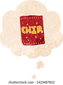 cartoon packet of chips with thought bubble in grunge distressed retro textured style