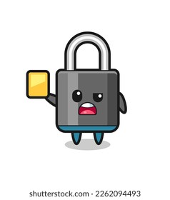 cartoon padlock character as a football referee giving a yellow card , cute style design for t shirt, sticker, logo element