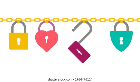 Cartoon padlocks of different shapes hanging on gold chain. Flat style vector illustration isolated on white background.