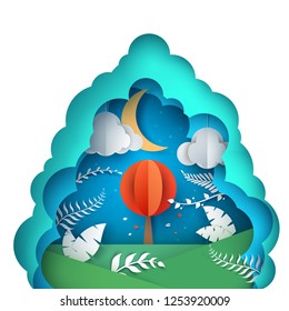 Cartoon paer landscape - night illustration. Hand draw