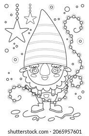 Cartoon page for coloring book with a dwarf holding a garland, hand-drawn vector illustration.