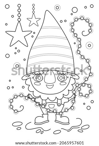 Cartoon page for coloring book with a dwarf holding a garland, hand-drawn vector illustration.