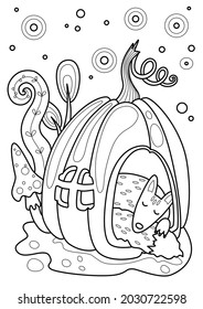 Cartoon page for coloring book with fox and pumpkin, hand-drawn vector illustration.