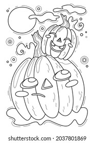 Cartoon page for coloring book with halloween pumpkins, hand-drawn vector illustration.
