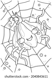 Cartoon page for coloring book with halloween pumpkin-spider, hand-drawn vector illustration.