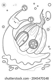 Cartoon page for coloring book with Halloween snail, hand-drawn vector illustration.