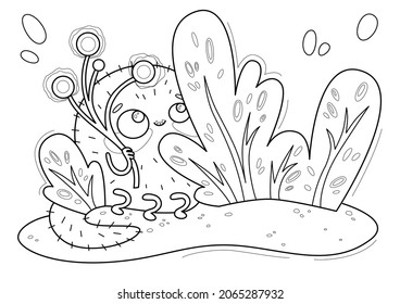 Cartoon page for coloring book with little cute monster, hand-drawn vector illustration.